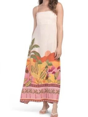 Anthropologie Paper Heart Palm Tropical Resort Toucan Bird Sunset Maxi Dress XS